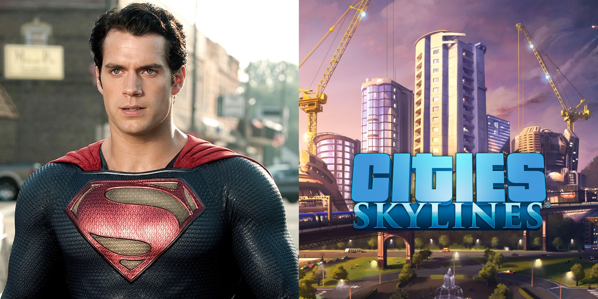 A collage of two pictures featuring Henry Cavill's Superman and City Skylines title screen