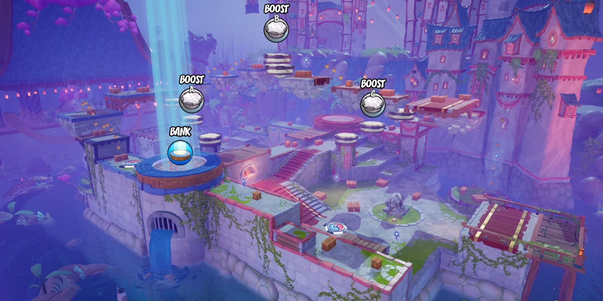 A panoramic view of Surreal Summit, a map from Crash Team Rumble