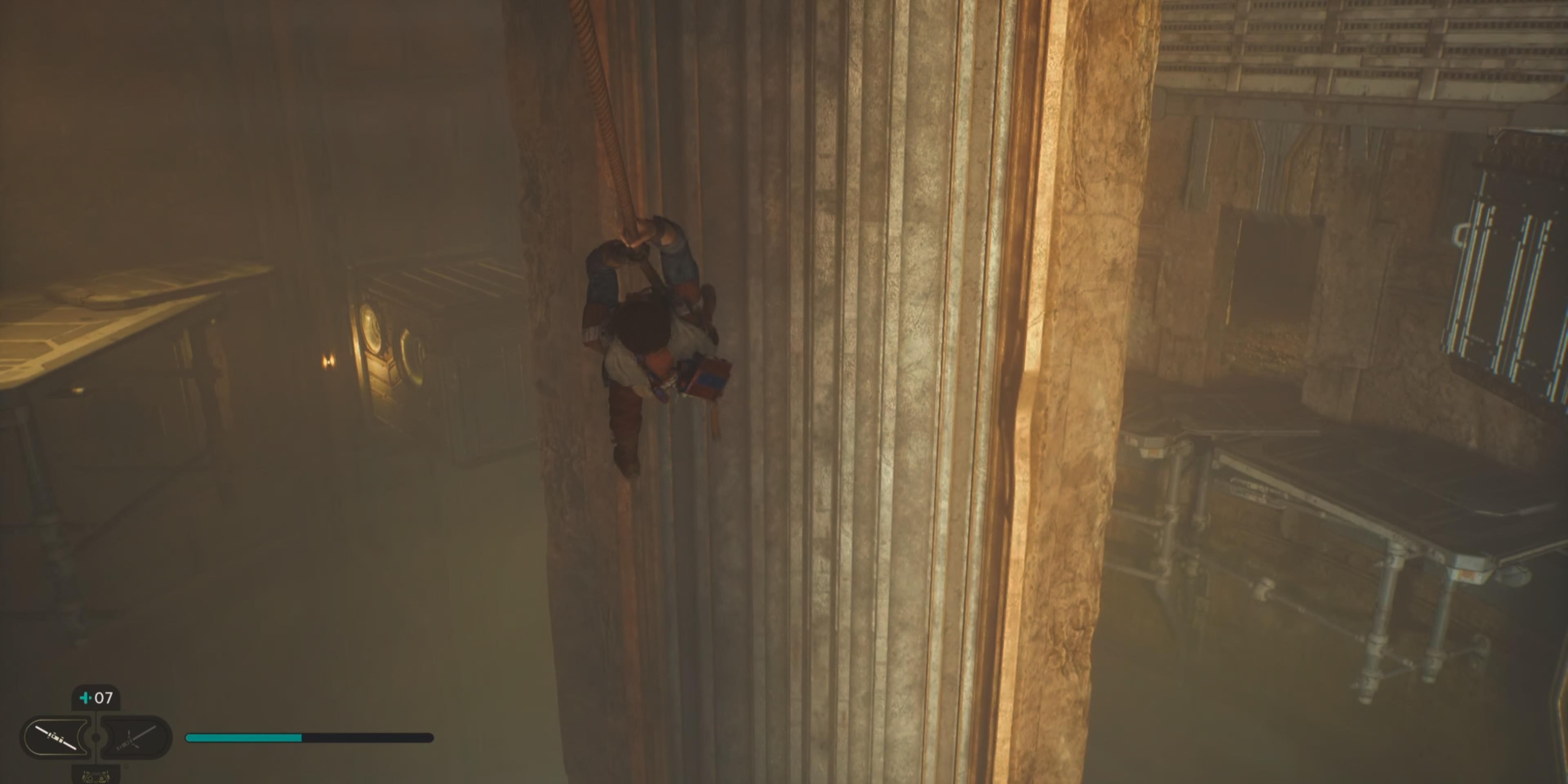 Swinging on rope to swing down into inner chamber