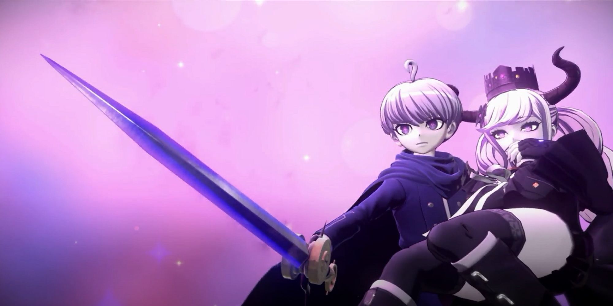 Koko holds Shinigami whilst swinging his truth sword forward against a purple backdrop
