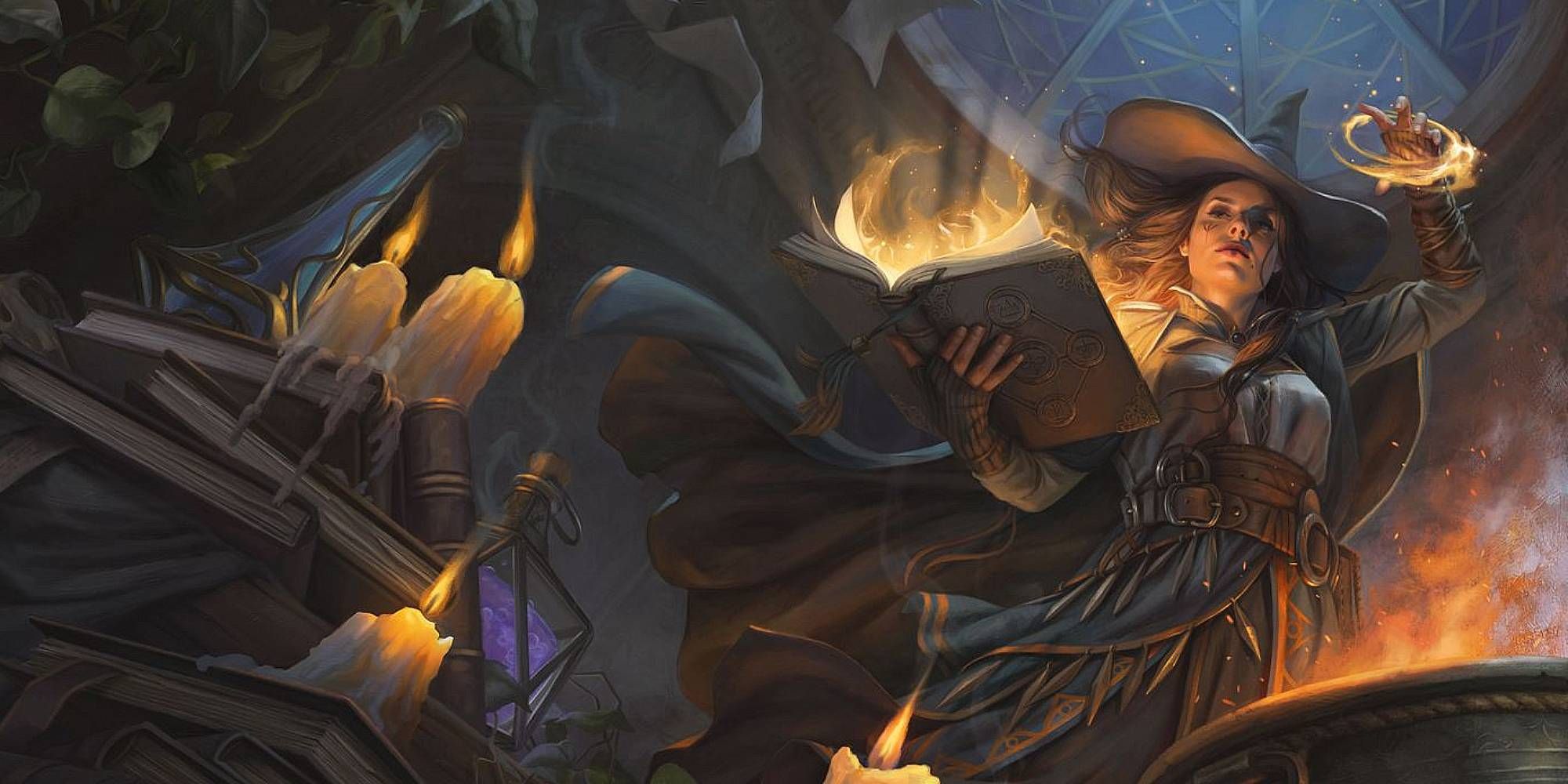 A woman holds a book and is casting a spell over a cauldron in a small room