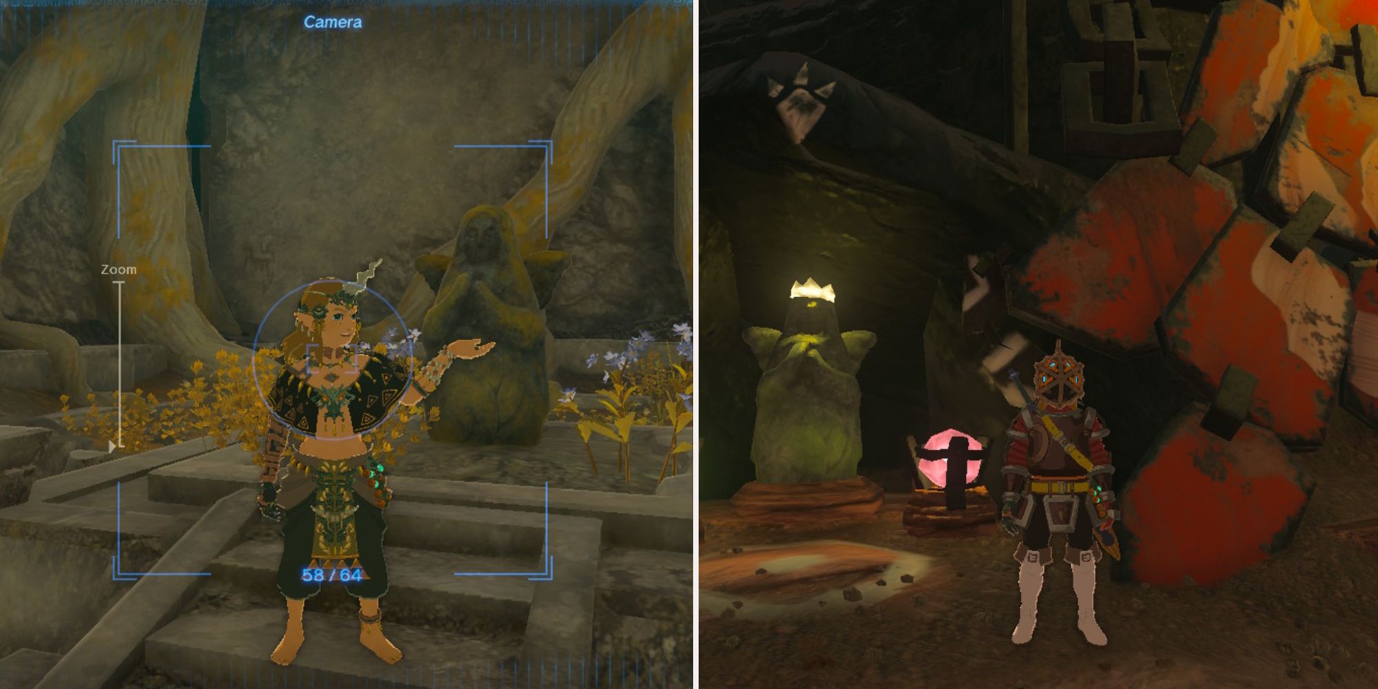 Link stands by a Goddess Statue in Goron City, and by one on a sky island.