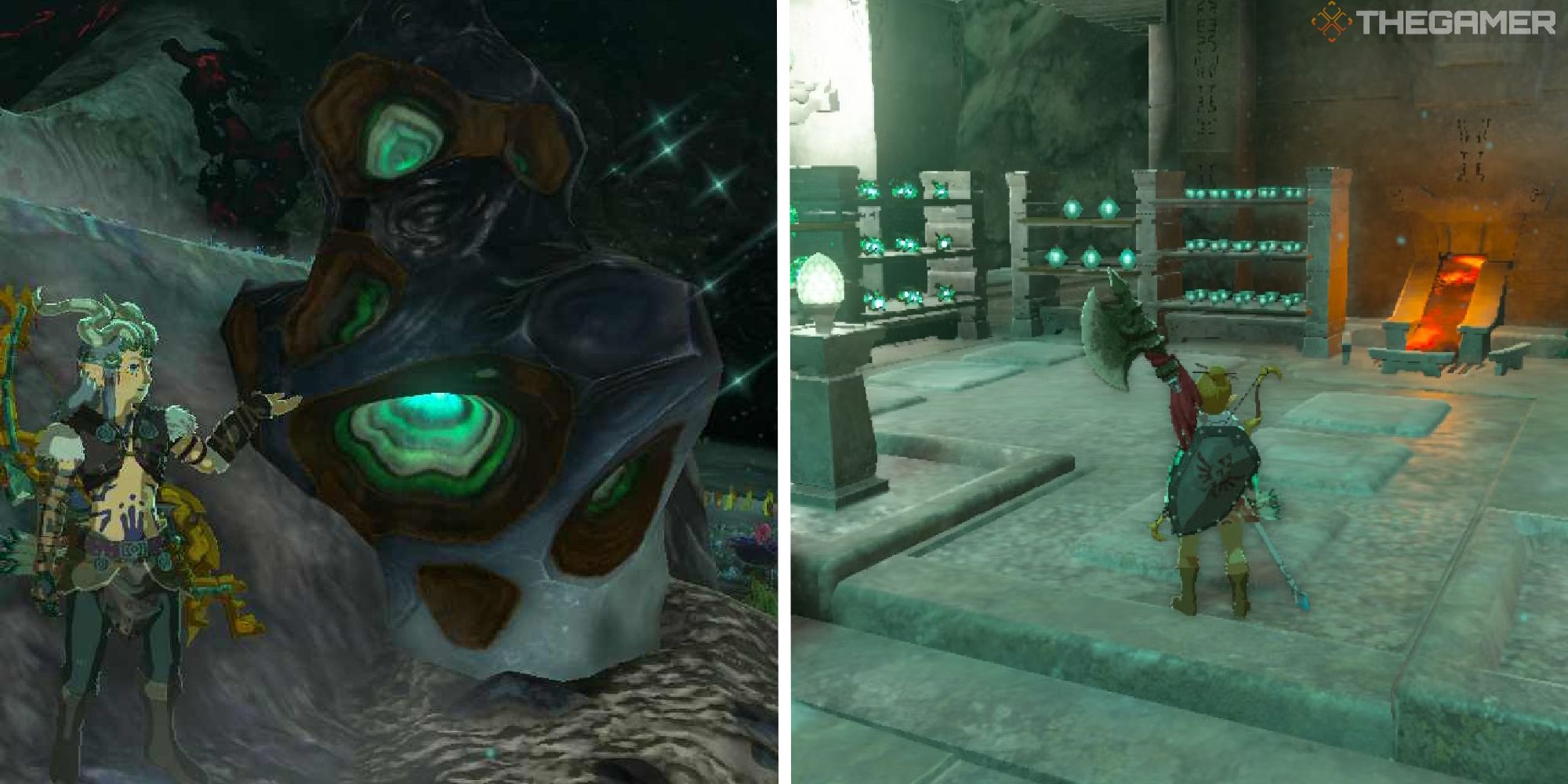 split image showing link standing next to zonaite ore next to image of link at the forge