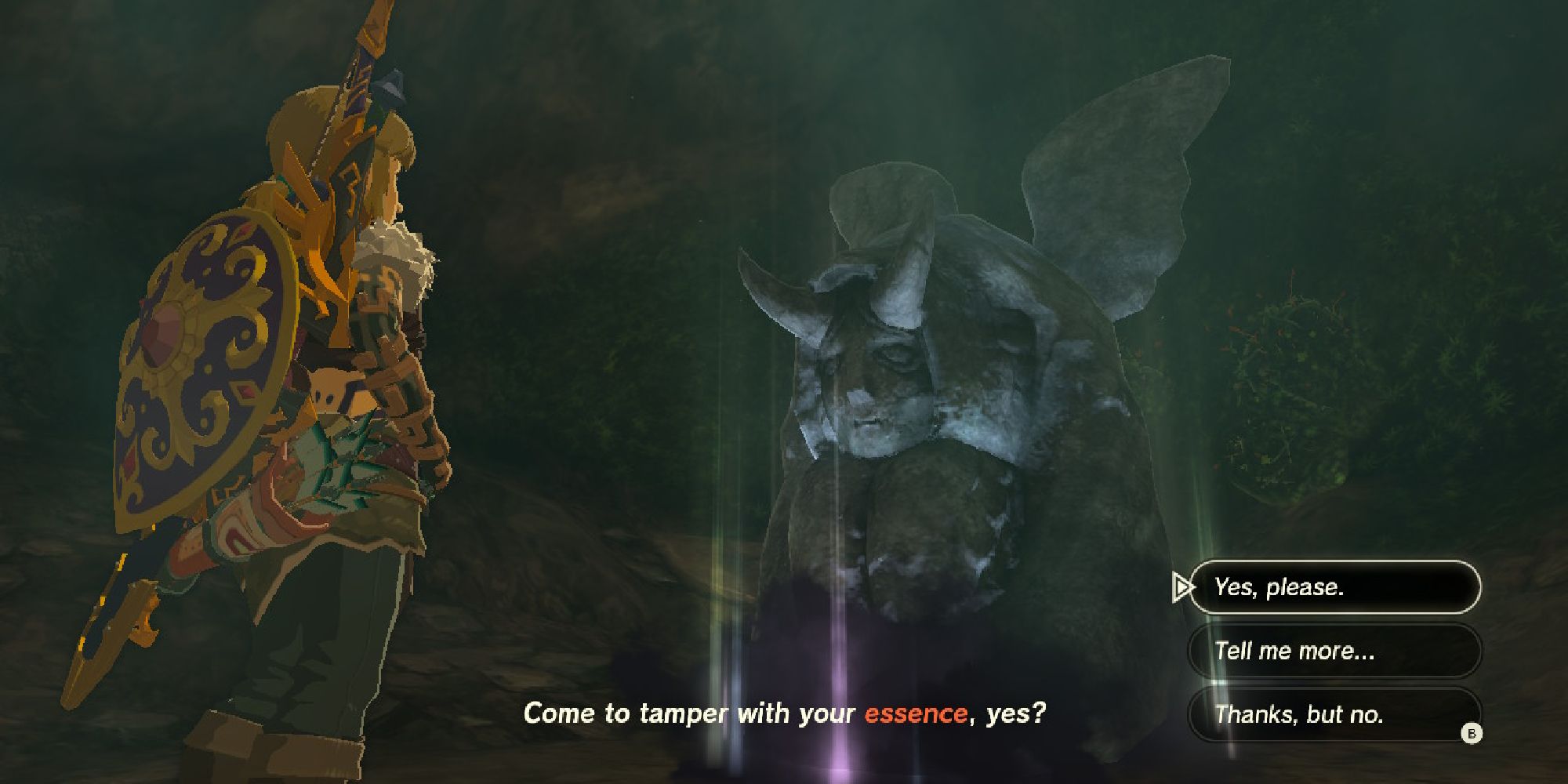 tears of the kingdom link talking to the forbidden horned statue to respec hearts and stamina