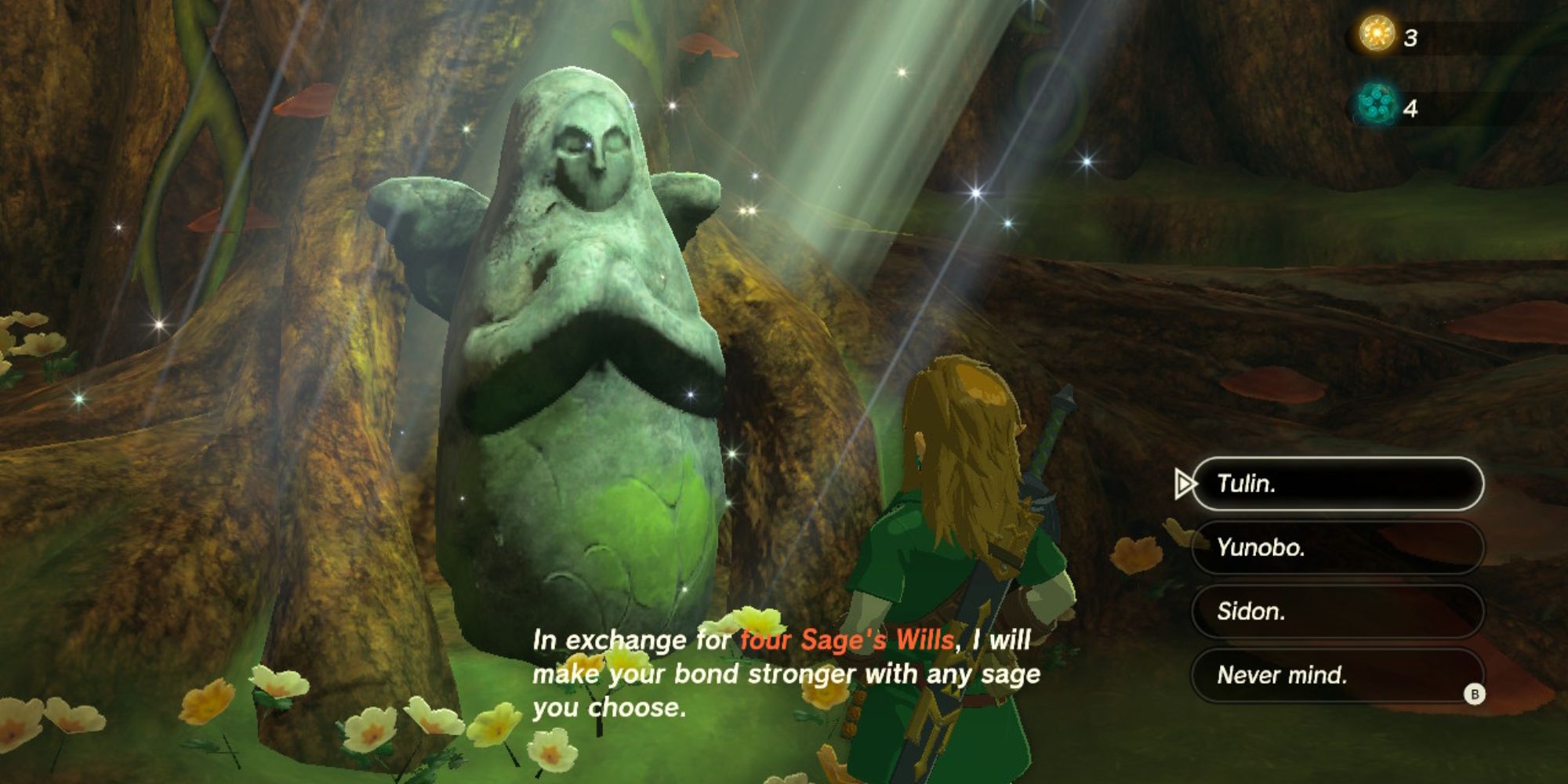 Link exchanges a Sage's Will at a Goddess Statue.