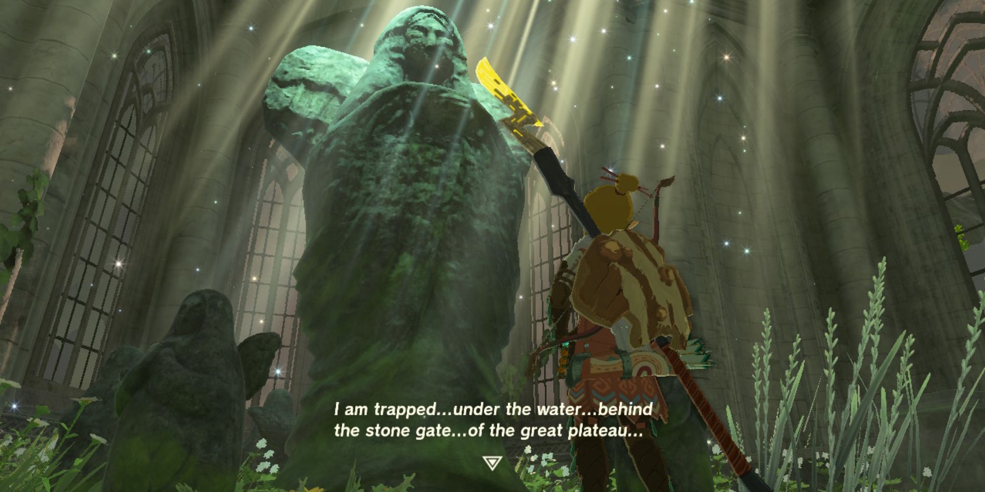 Link receives a quest from the Goddess Statue in the Temple of Time ruins.