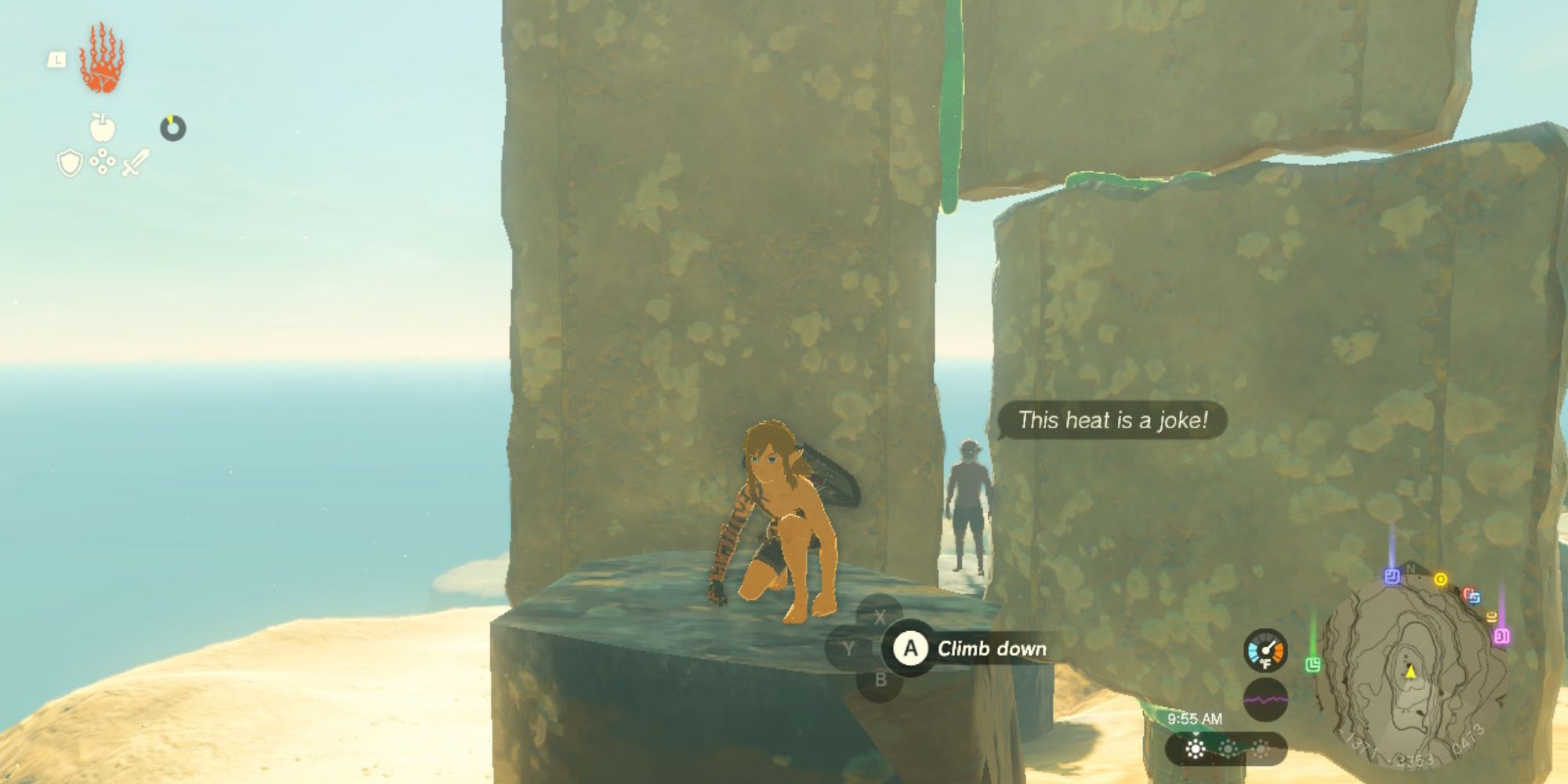 Link uses stone slabs to block the sun in the desert.
