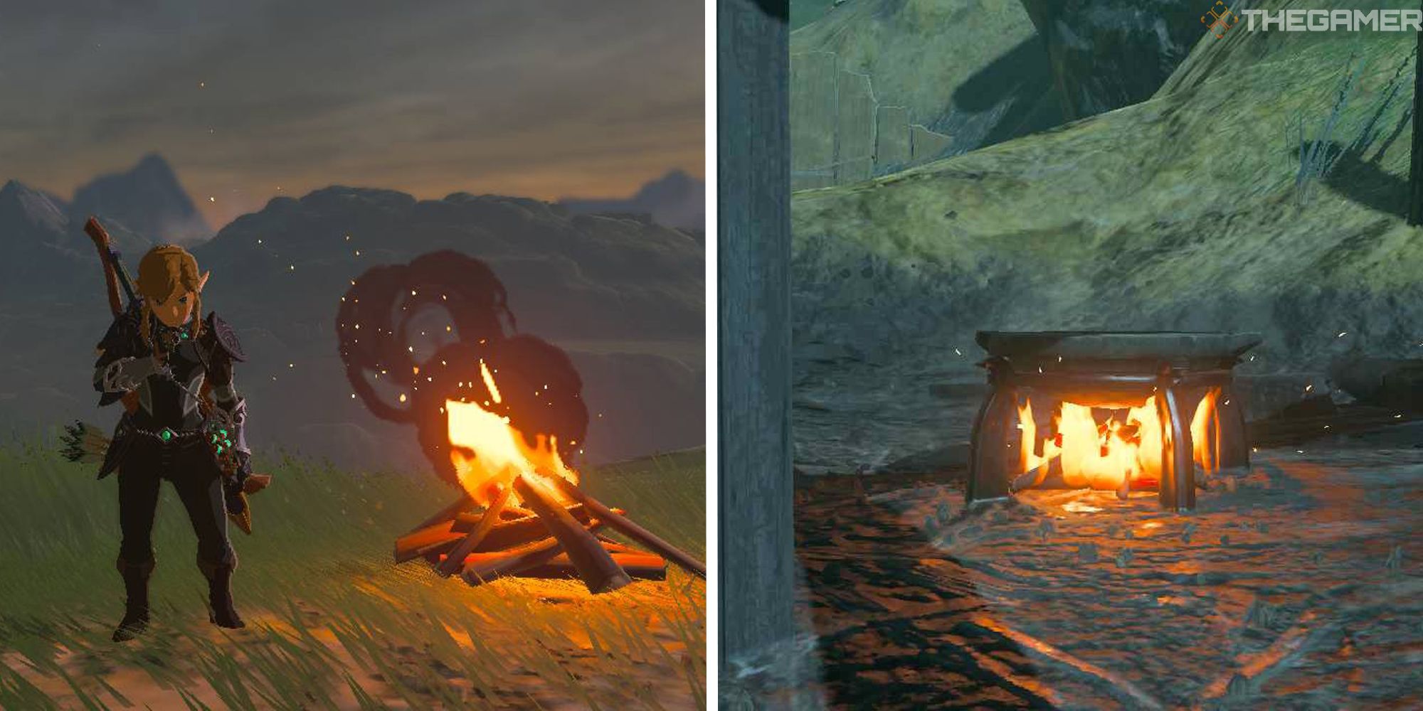 split image showing link near campfire next to image of cooking pot with fire underneath