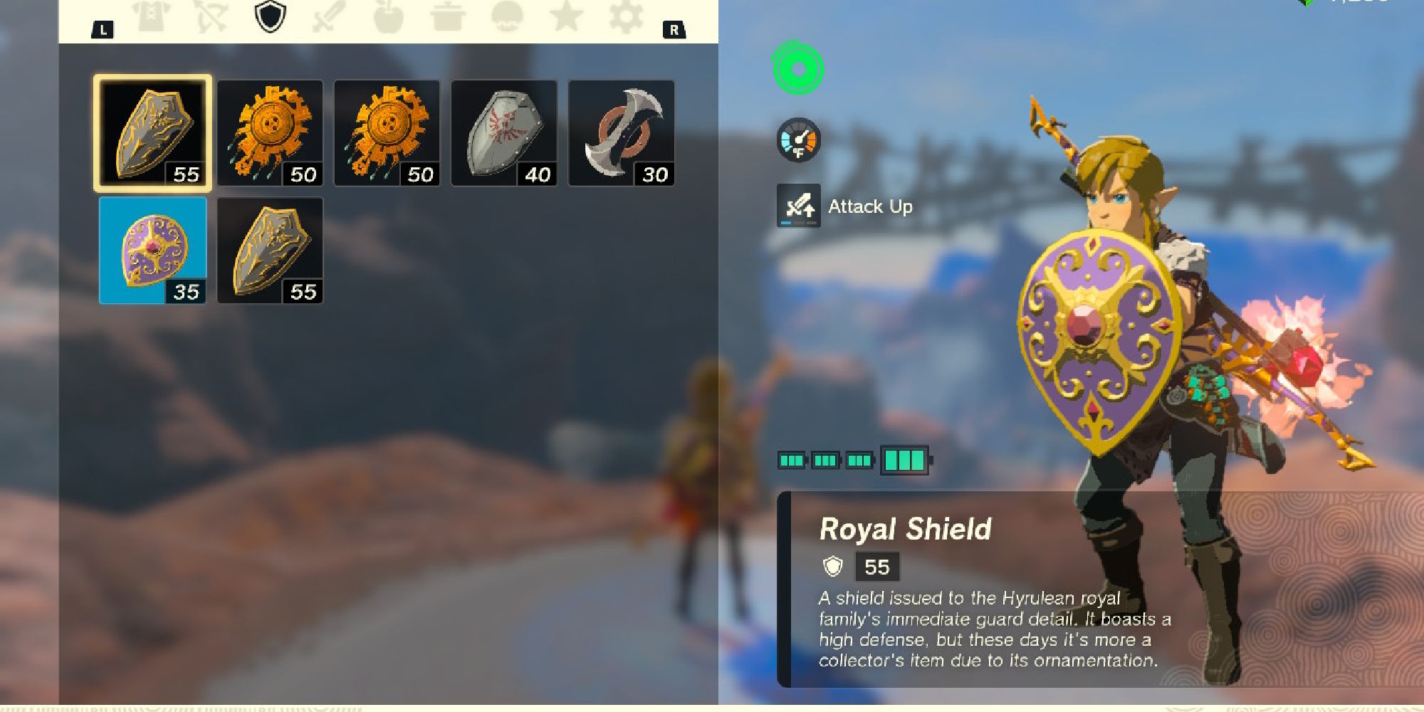 tears of the kingdom link holding a shield in inventory screen