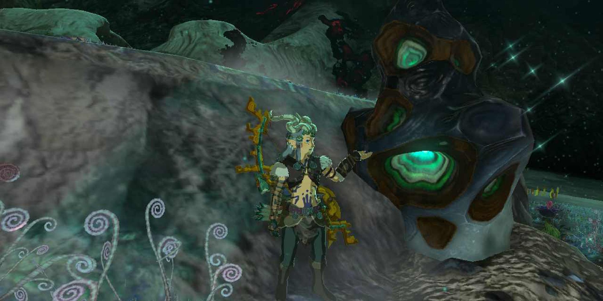 tears of the kingdom link posing next to zonaite node