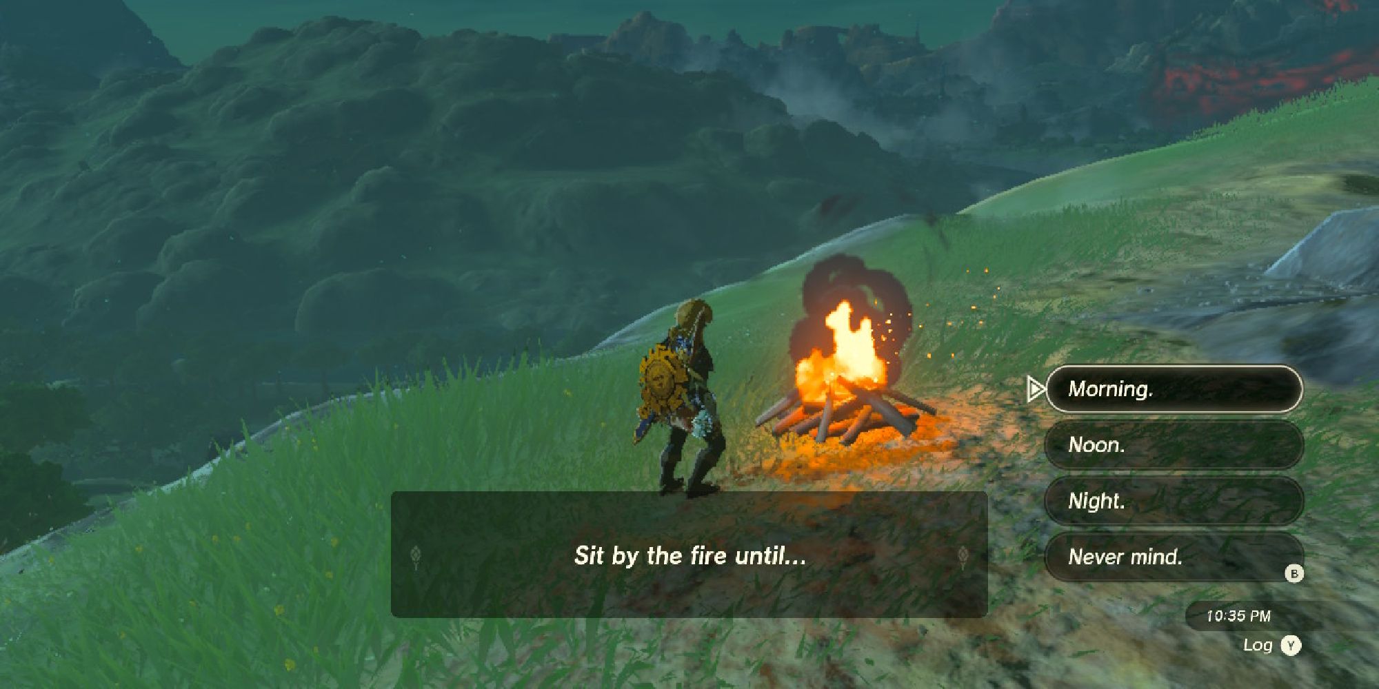 tears of the kingdom link standing at campfire, about to rest