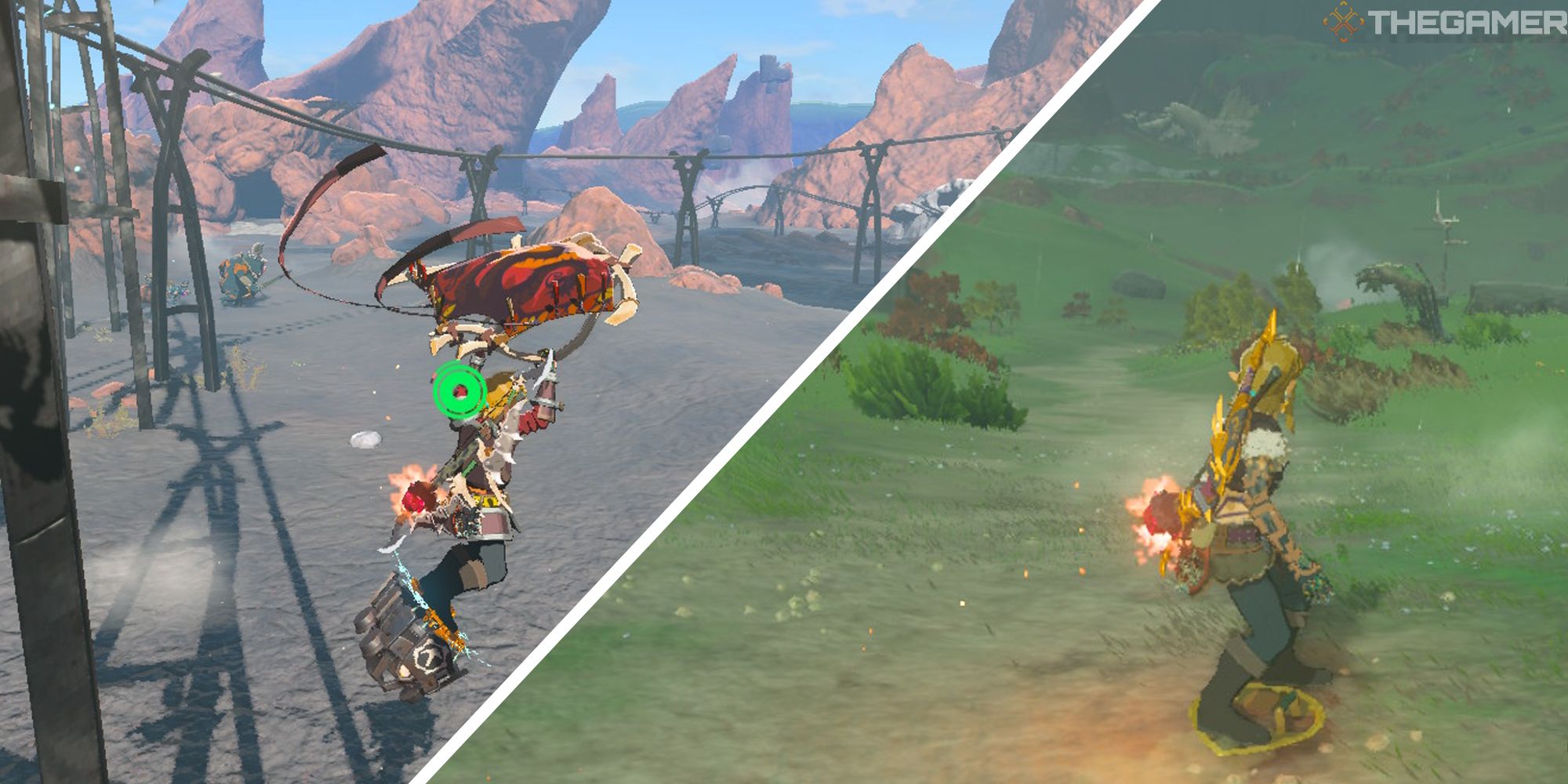 split image showing link shield surfing while paragliding, next to image of him surfing down a hill in the rain