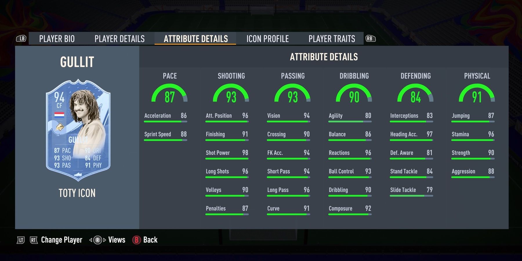 FUT Icon Gullit's stats in FIFA 23.