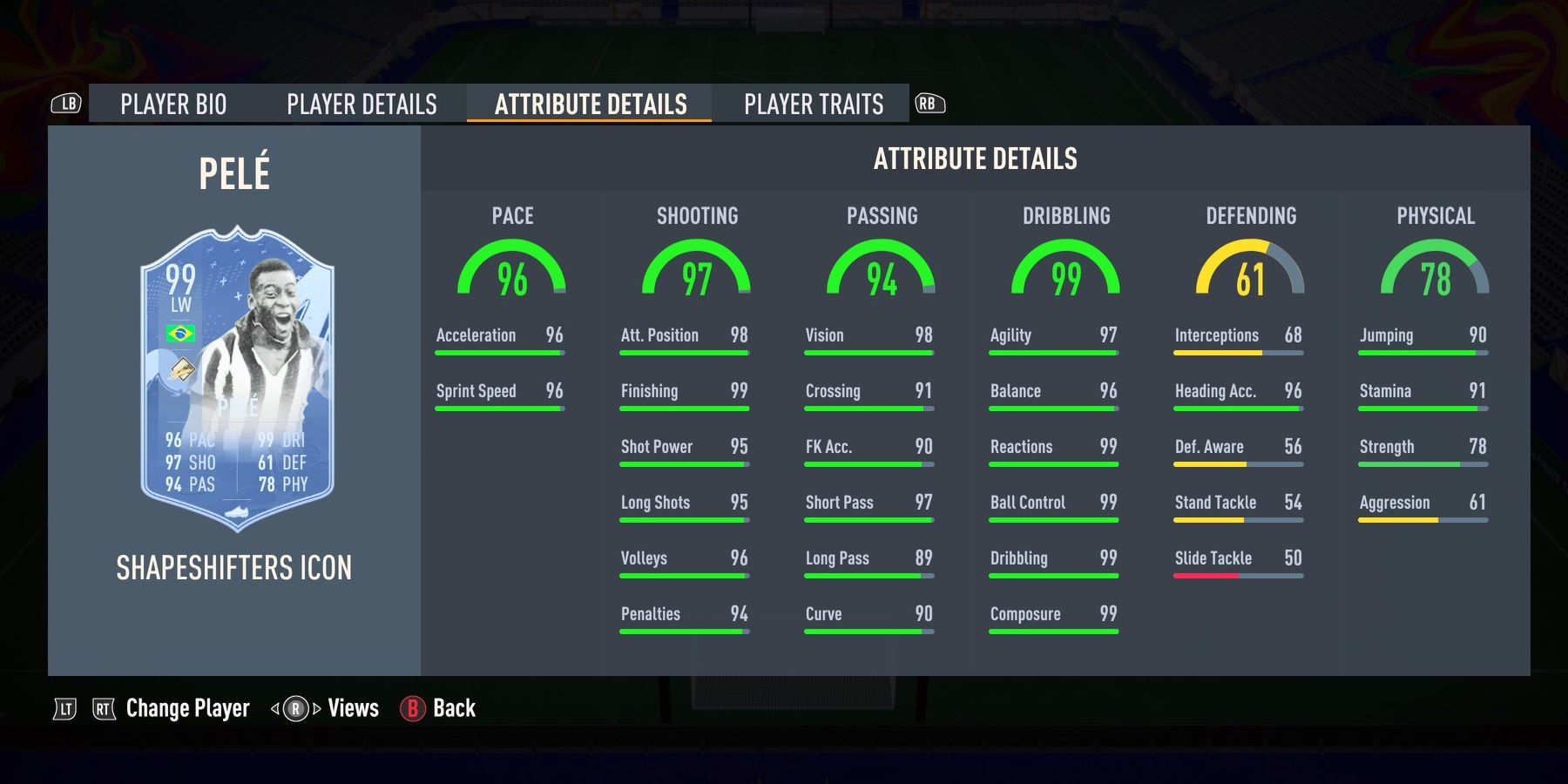 FUT Icon Pele's stats in FIFA 23.