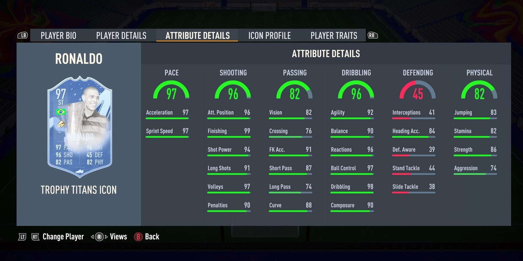 FUT Icon Ronaldo's stats in FIFA 23.