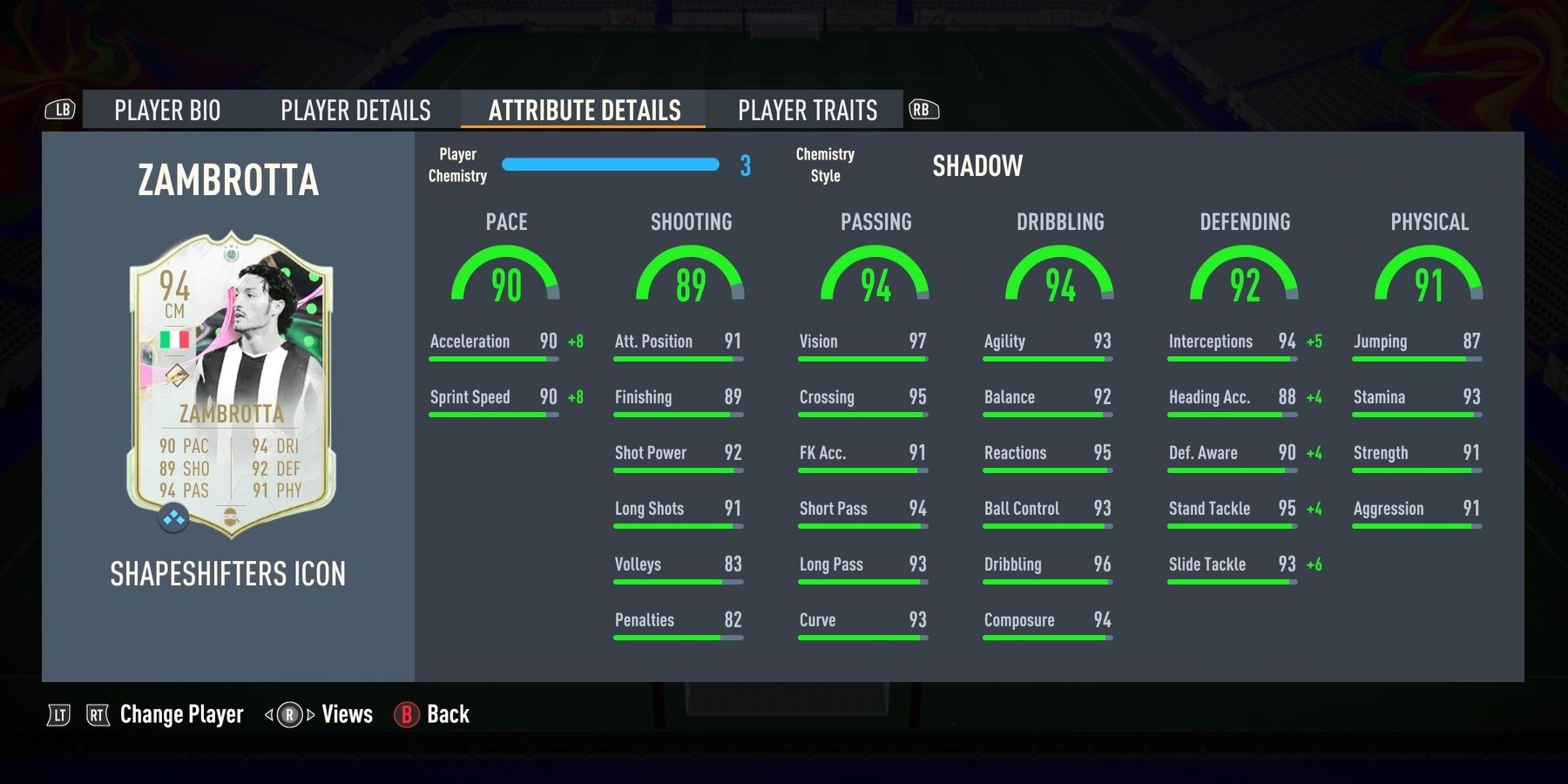 FUT Icon Zambrotta's attributes in FIFA 23.