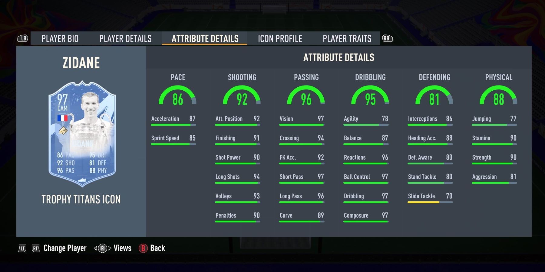 FUT Icon Zidane's stats in FIFA 23.