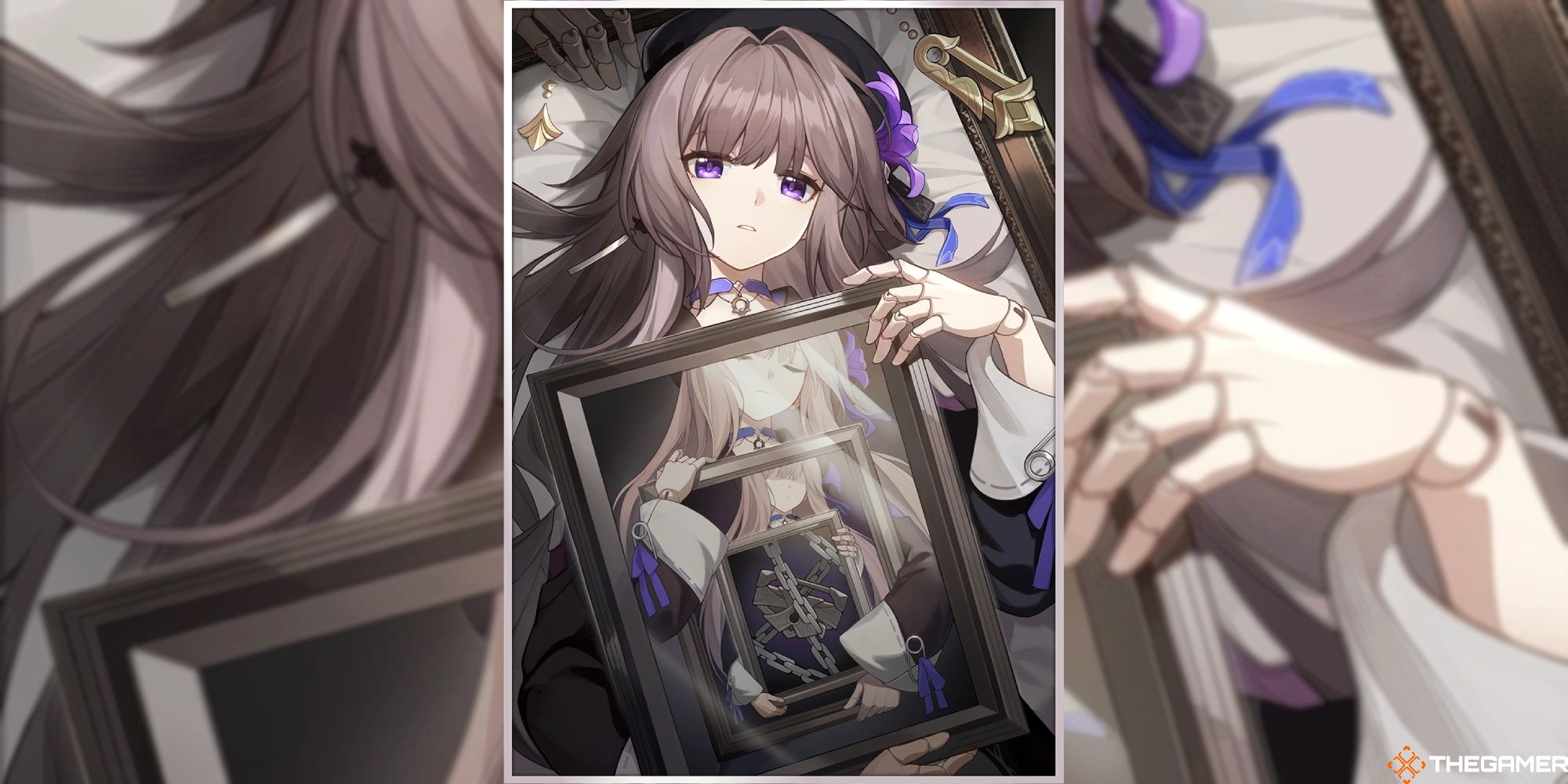 An image of the The Birth Of Self Light Cone artwork from Honkai Star Rail, which features Herta looking at her mechanical insides through a mirror.