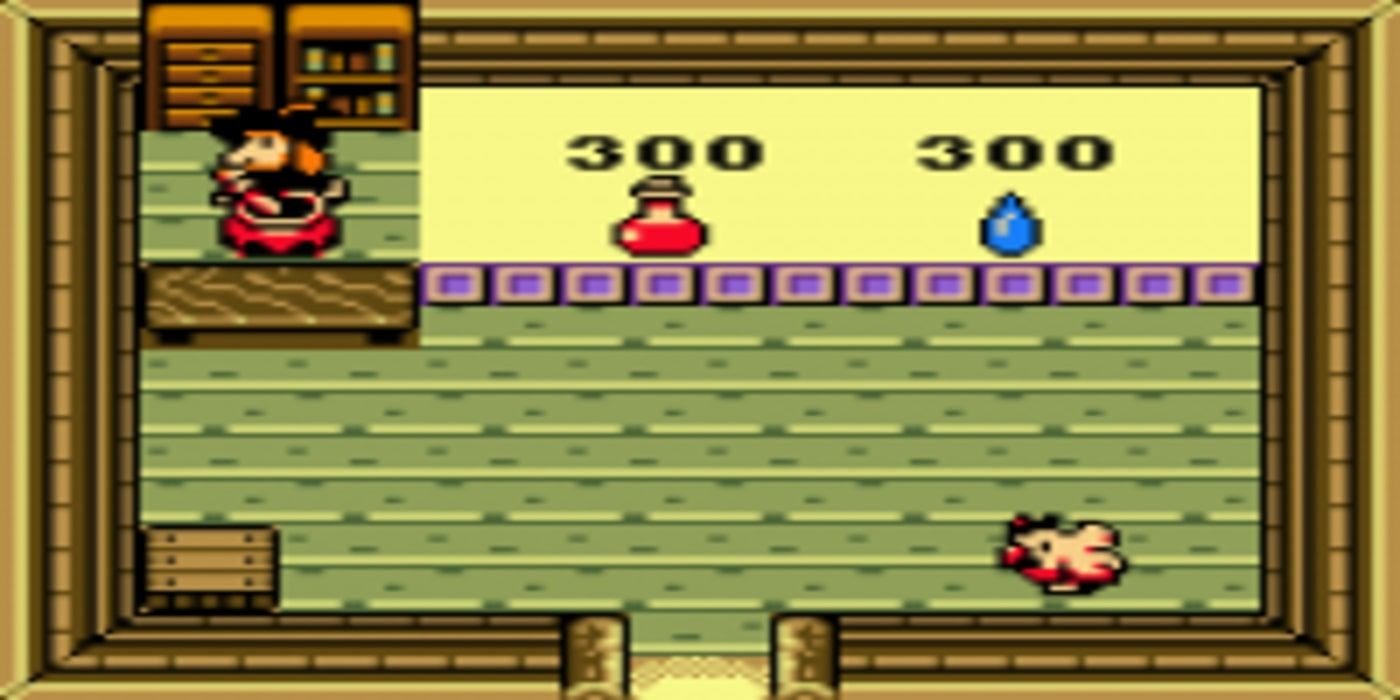 The Legend Of Zelda Syrup's Shop where she is selling potions with a cucco in the corner