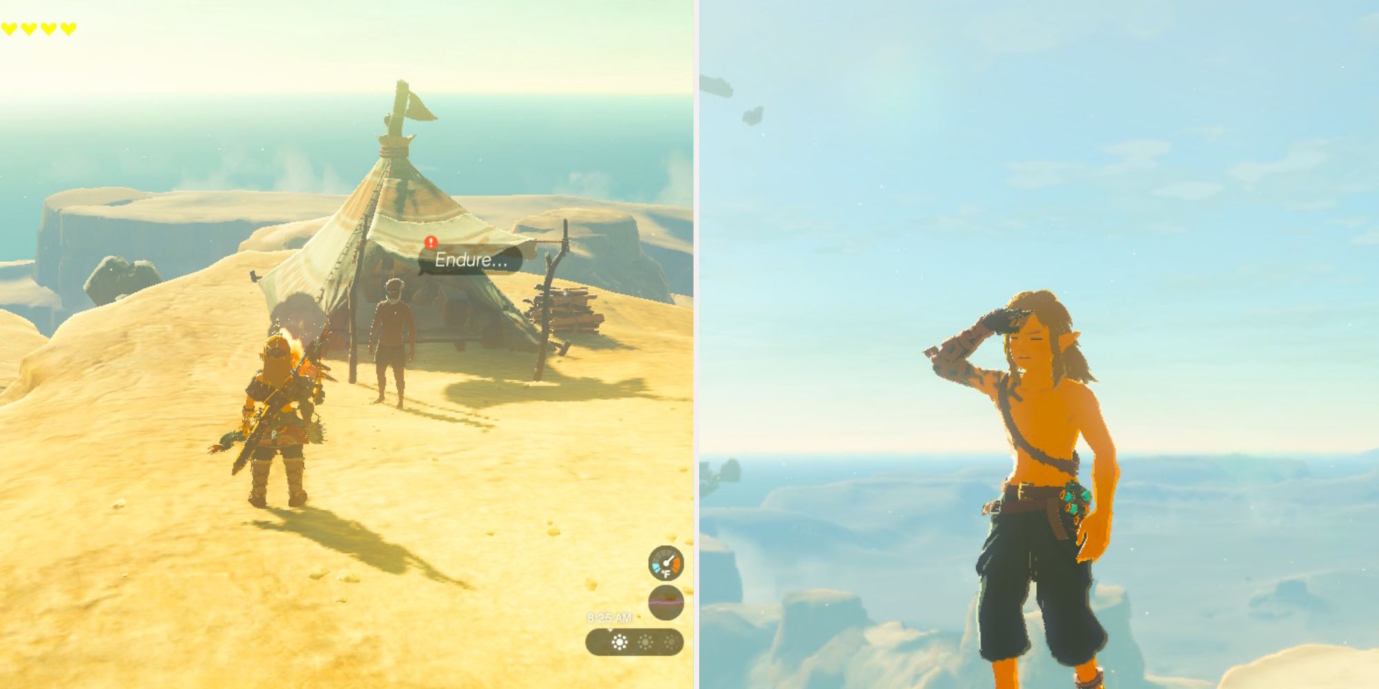 Link stands in the heat of the desert.