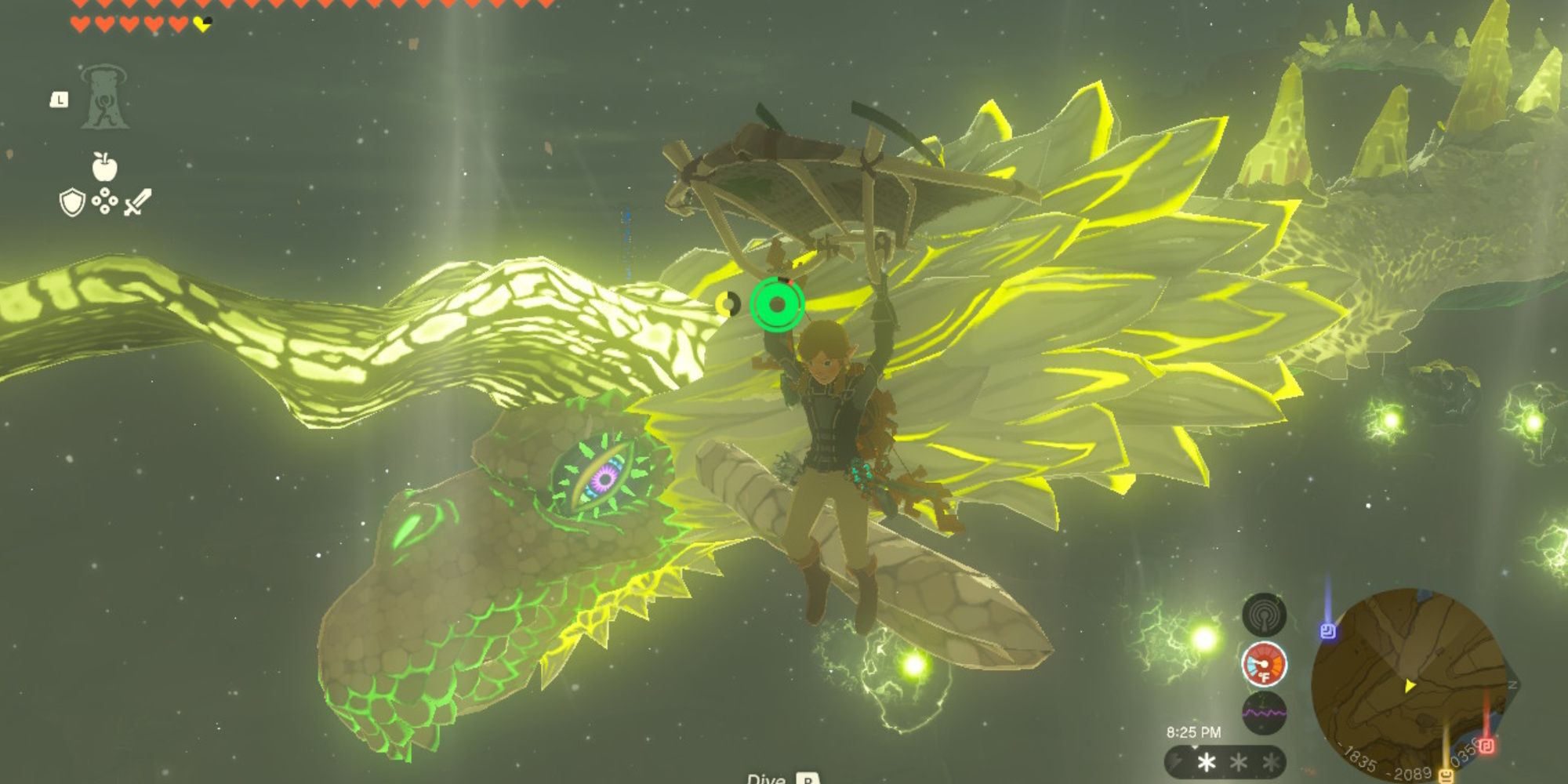 the legend of zelda tears of the kingdom link gliding in the air next to farosh the lightning dragon