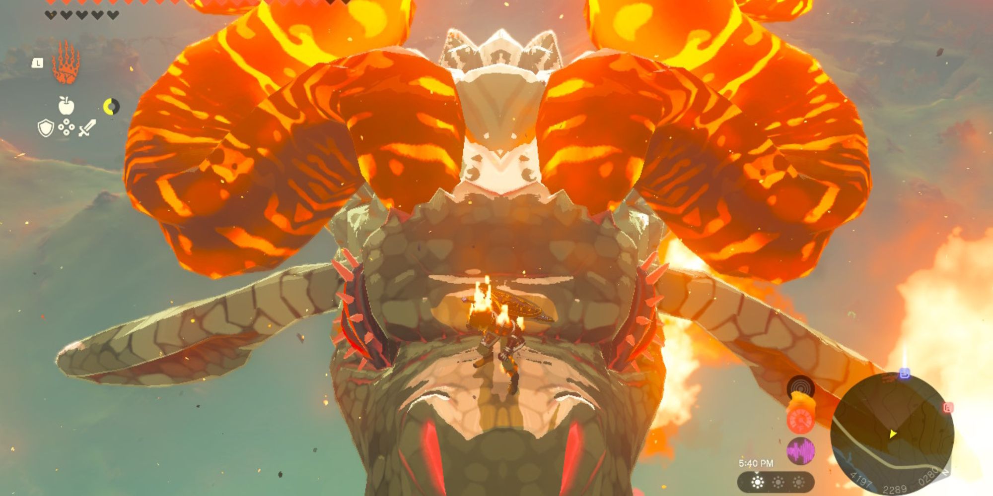 the legend of zelda tears of the kingdom link riding on the nose of dinraal the fire dragon