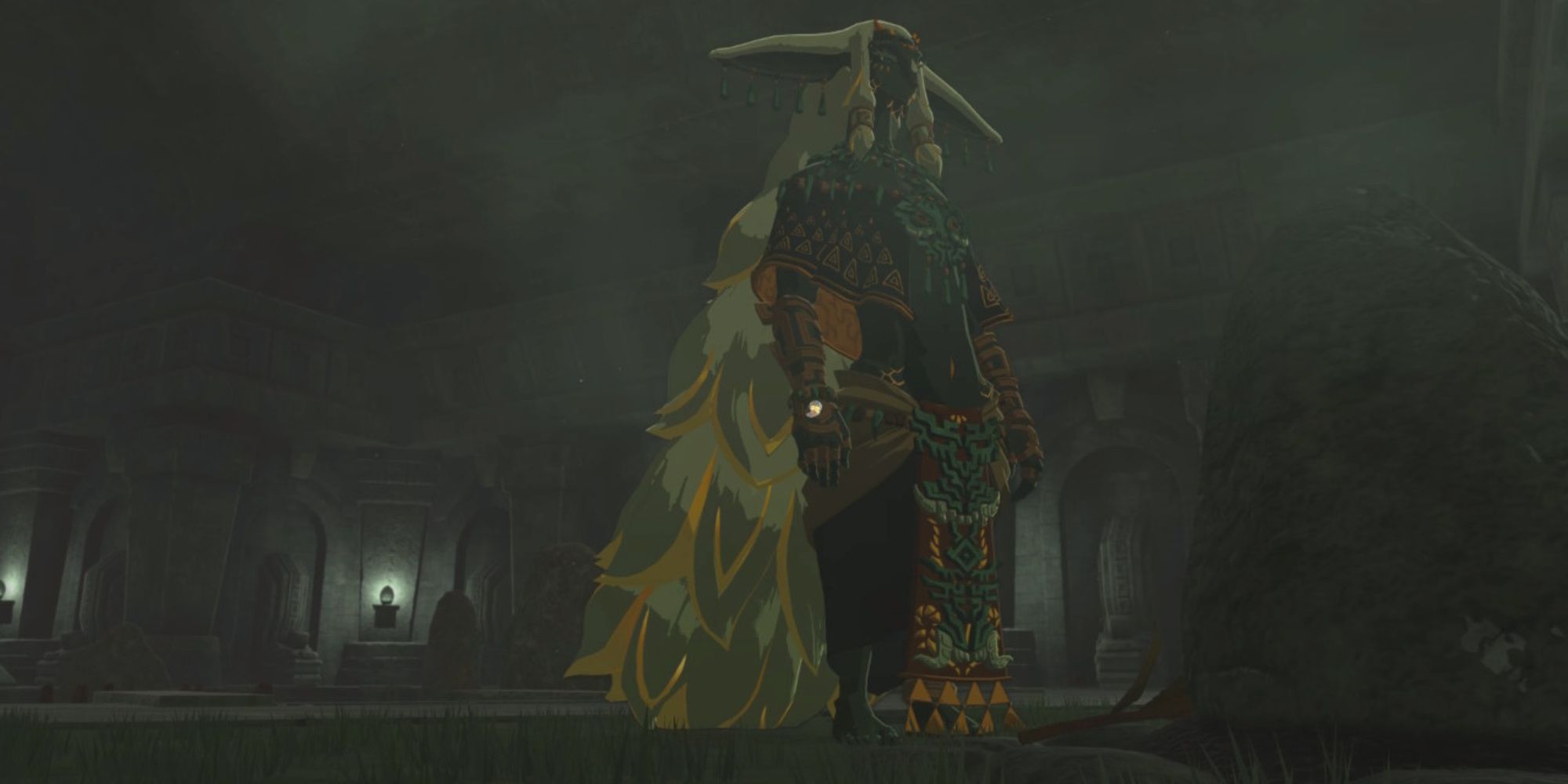 the legend of zelda tears of the kingdom rauru standing at sonia's memorial stone in a king's duty dragon's tear memory