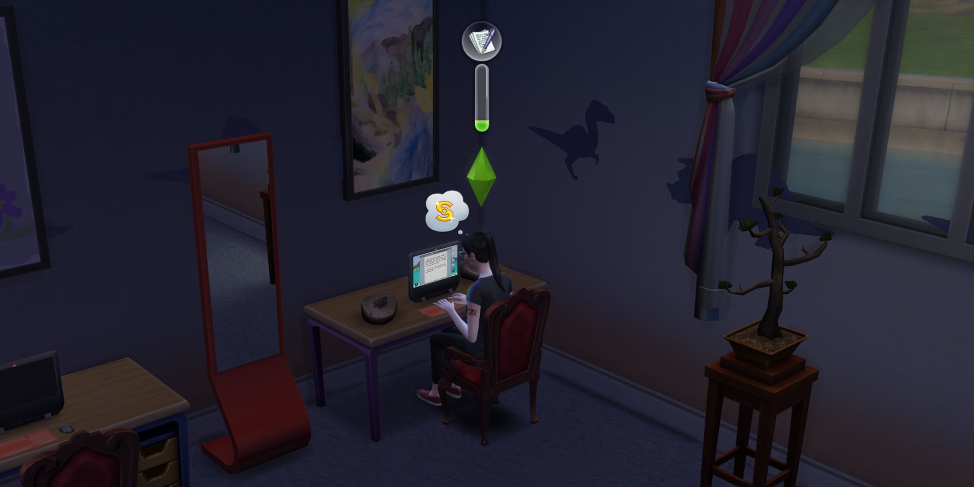 Image depicts a Sim at at the computer learning a new writing skill in The Sims 4.