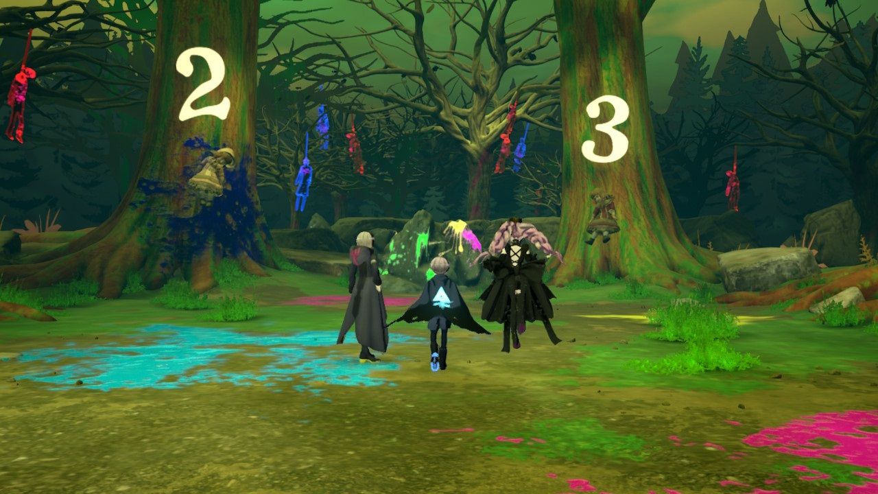 The team walking through the Nail Man mystery dungeon in Master Detective Archives Rain Code.