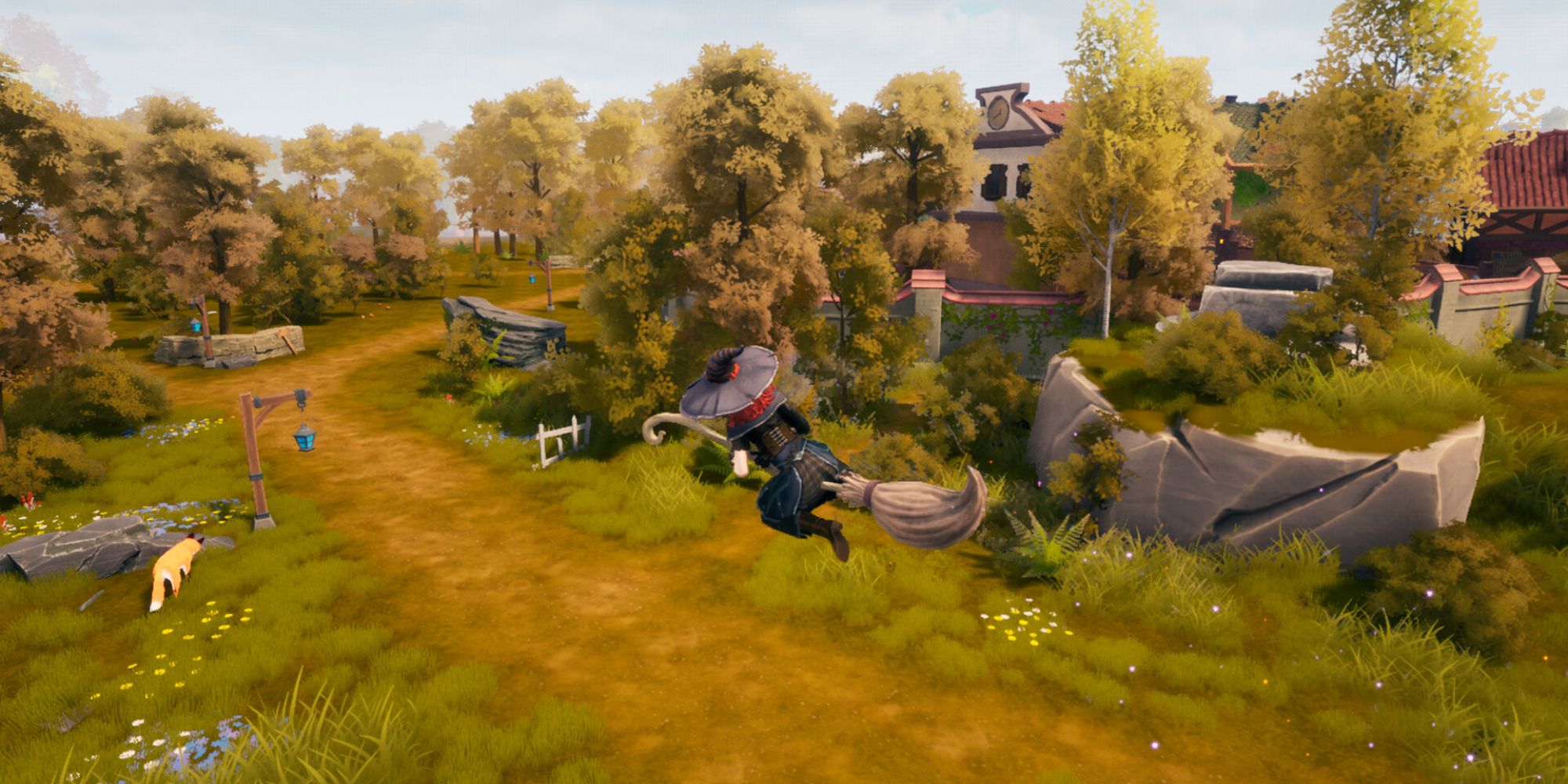 the witch of fern island player riding broom above path