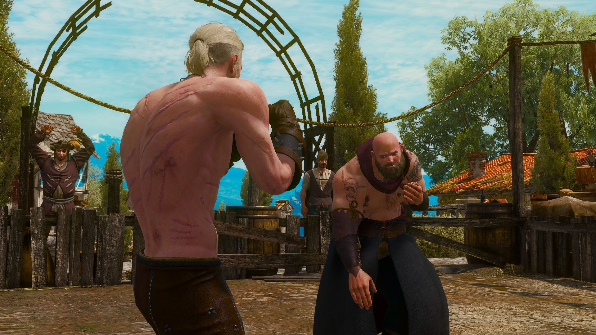 A large, bald man prepares to fight Geralt in a makeshift ring.