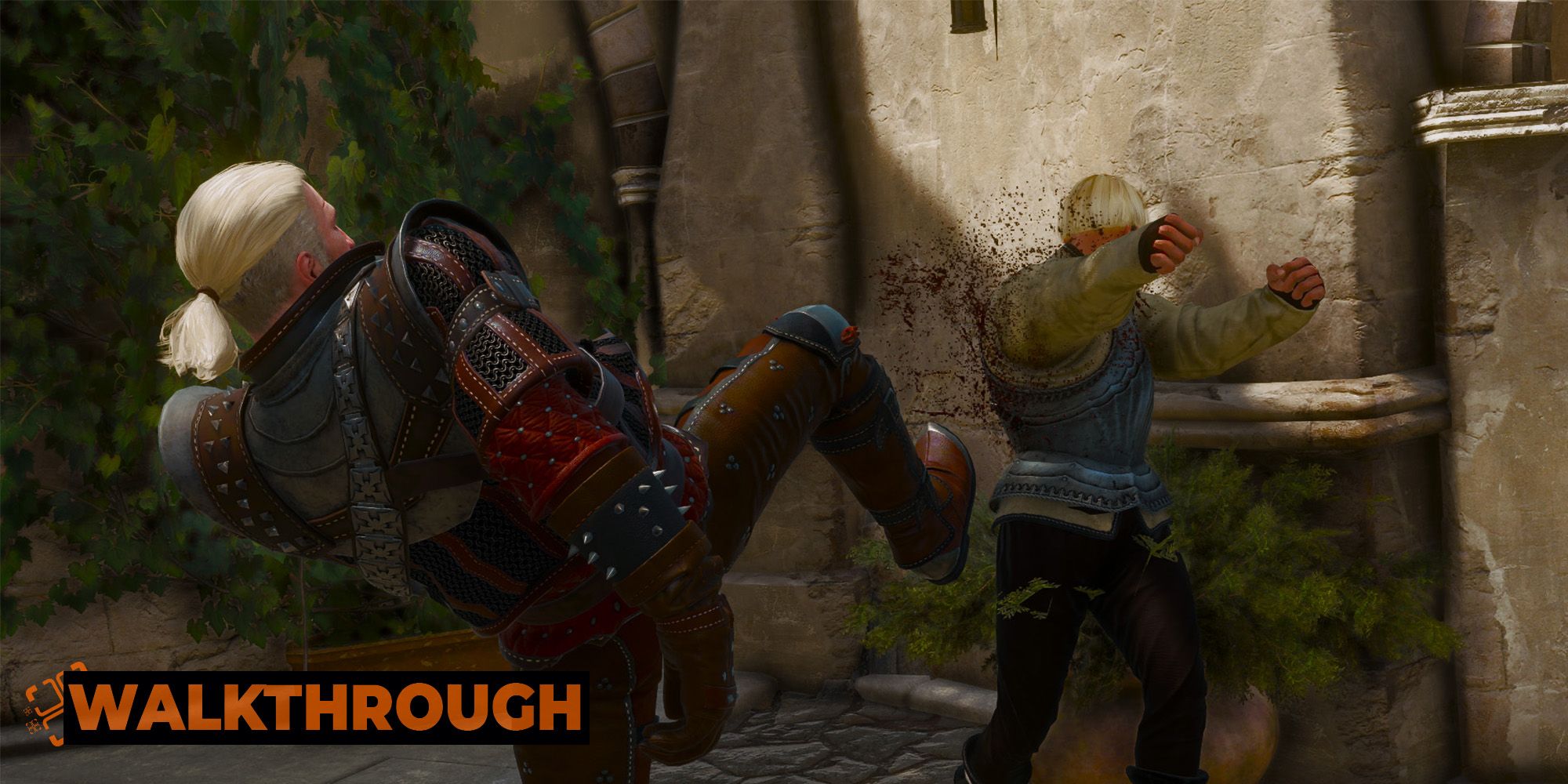 Geralt cocks his leg to kick an opponent into a wall.