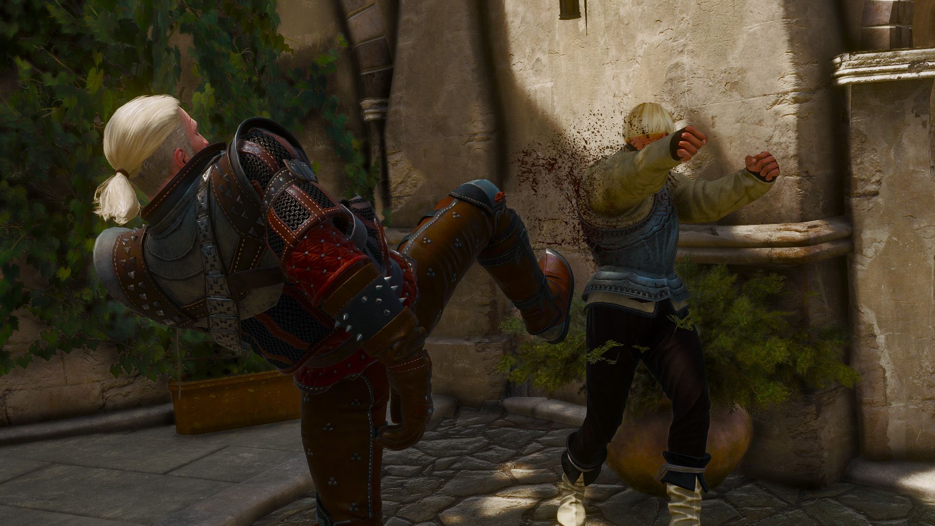 Geralt kicks a fighter into a wall as they brawl in Toussaint.