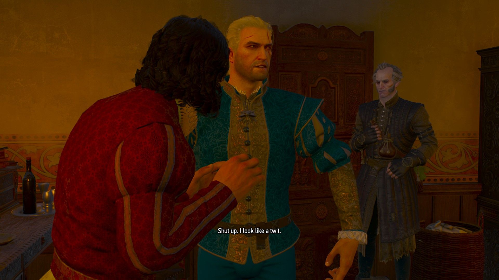 Geralt talks to Regis as he's dressed in expensive clothes by a tailor in Toussaint.