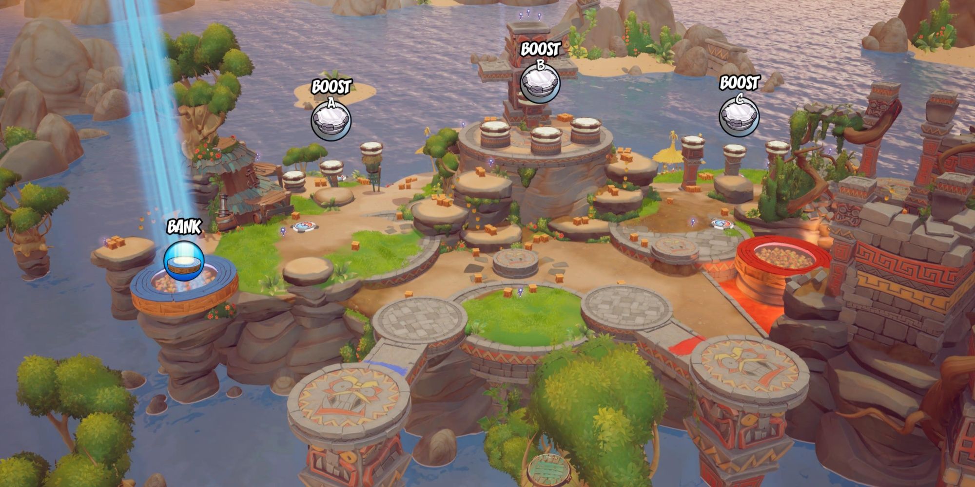 A panoramic view of Tiki Towers, a map from Crash Team Rumble