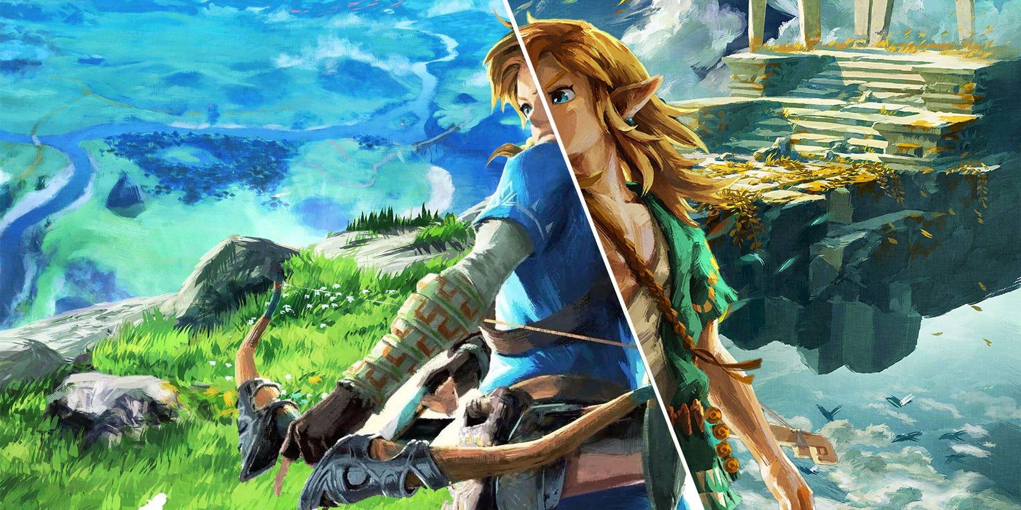 A collage of Breath of The Wild and Tears of The Kingdom's box art split down the middle.