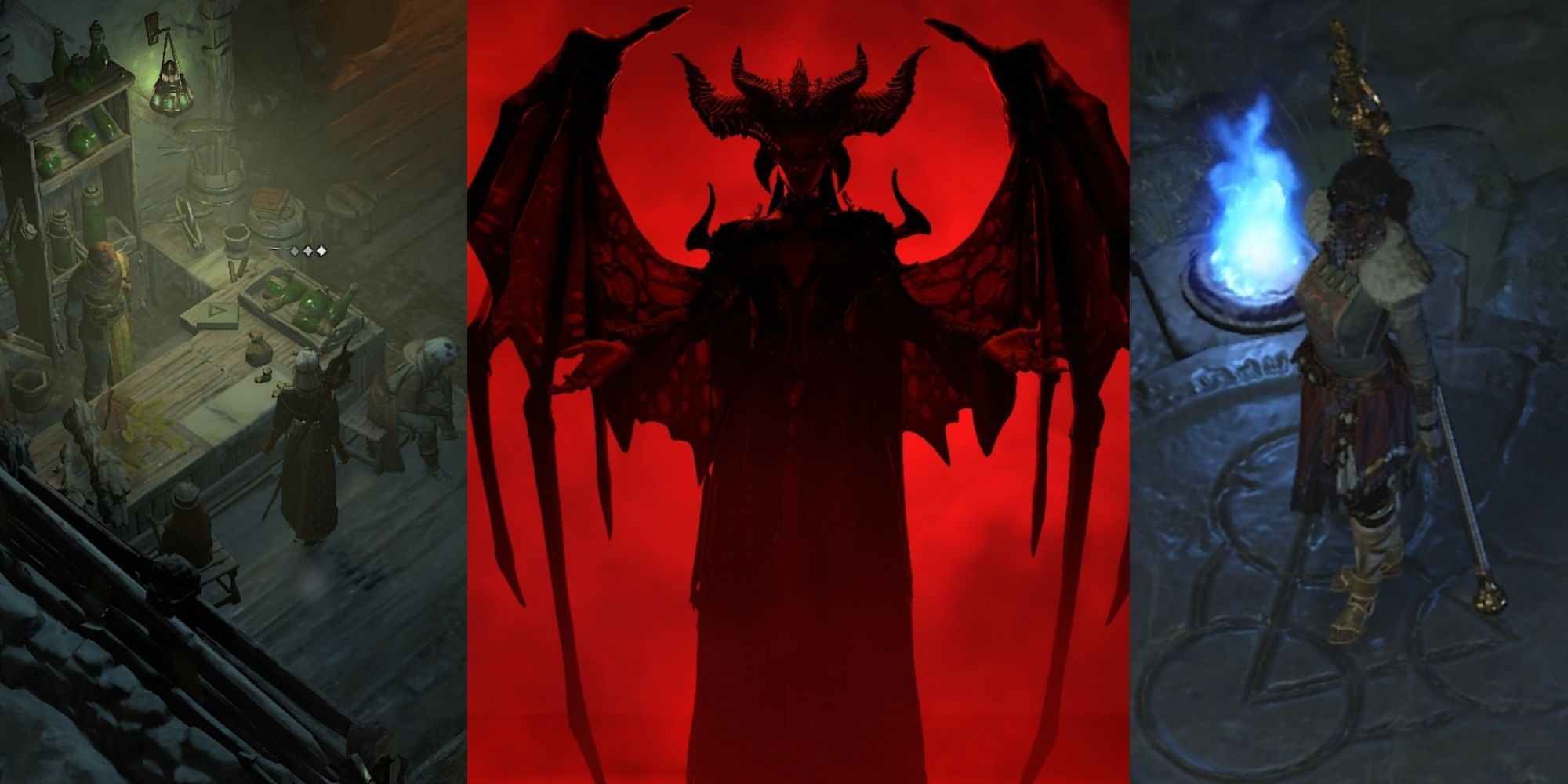 Collage image of Diablo 4 showing the Alchemist npc, Lilith, and a main character.