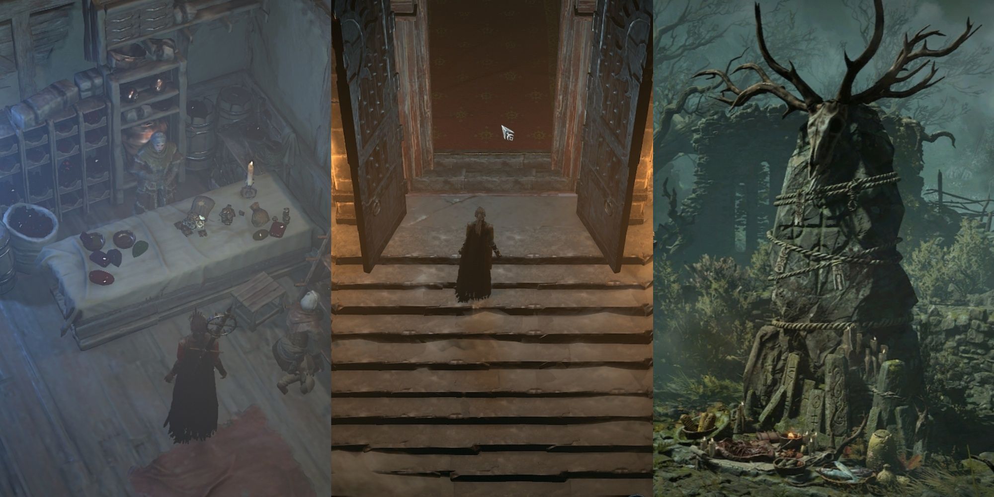 A collage showing a vendor, an entrance to a dungeon, and a stone with a deer skull.