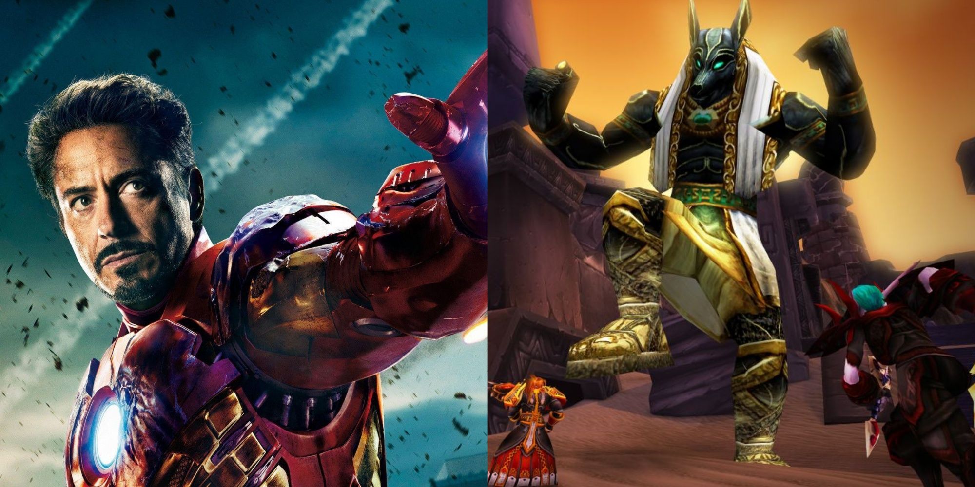 A collage of images featuring Robert Downey Jr as Tony Stark/Iron Man and World of Warcraft gameplay