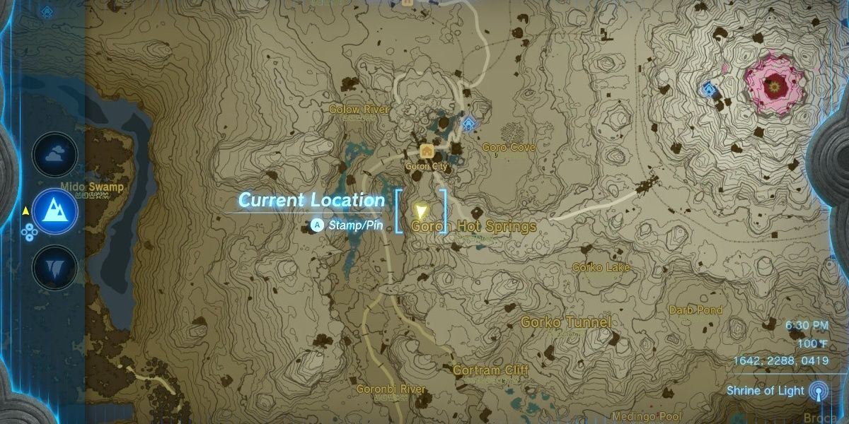The location of the Cobble Crusher on the map in The Legend of Zelda: Tears of the Kingdom.