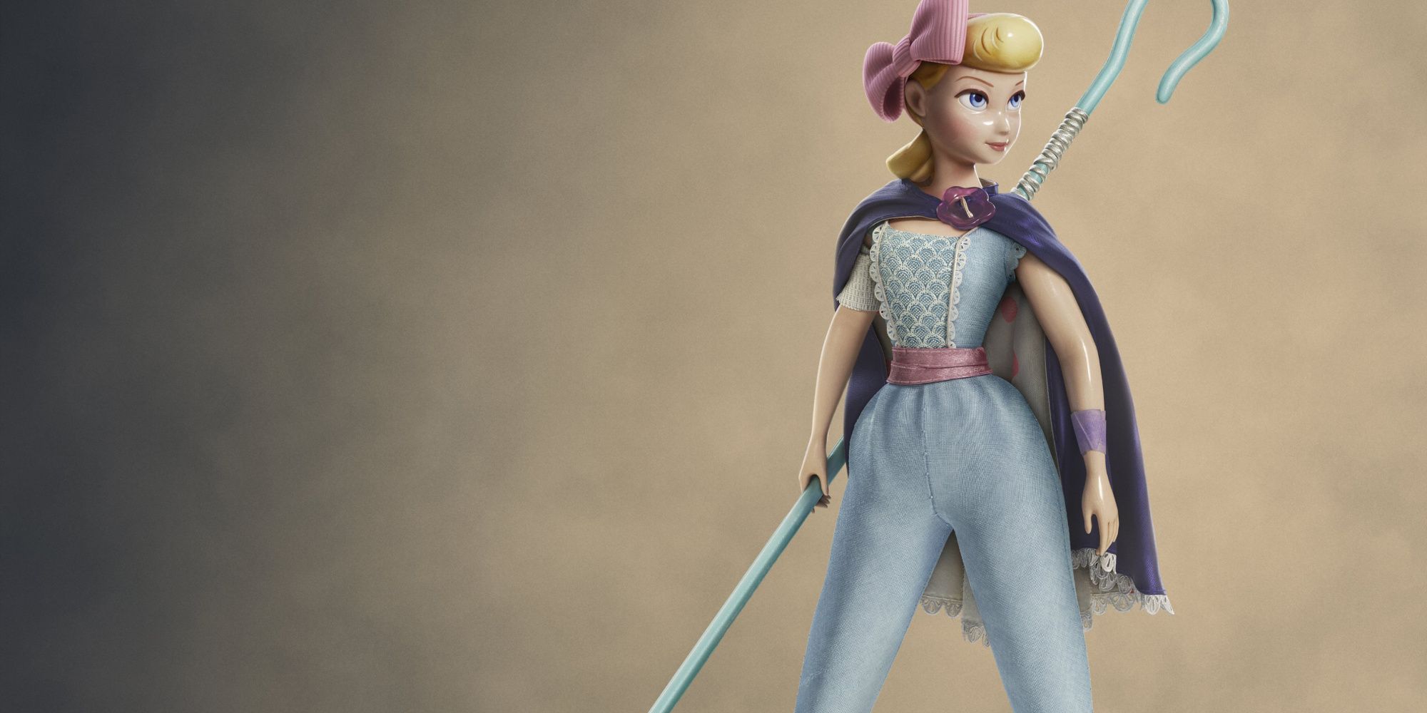 toy story 4 bo peep holding her shepards crook and looking off to the side