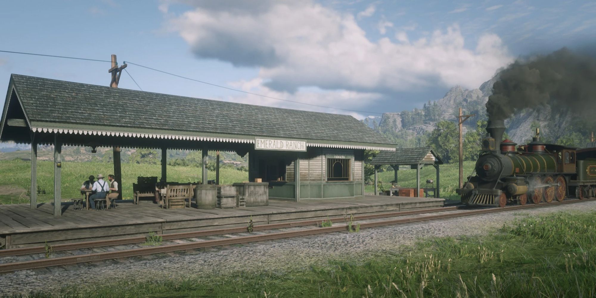 An image of a train stop in Red Dead Online, where you and other players can collect train clerk missions.