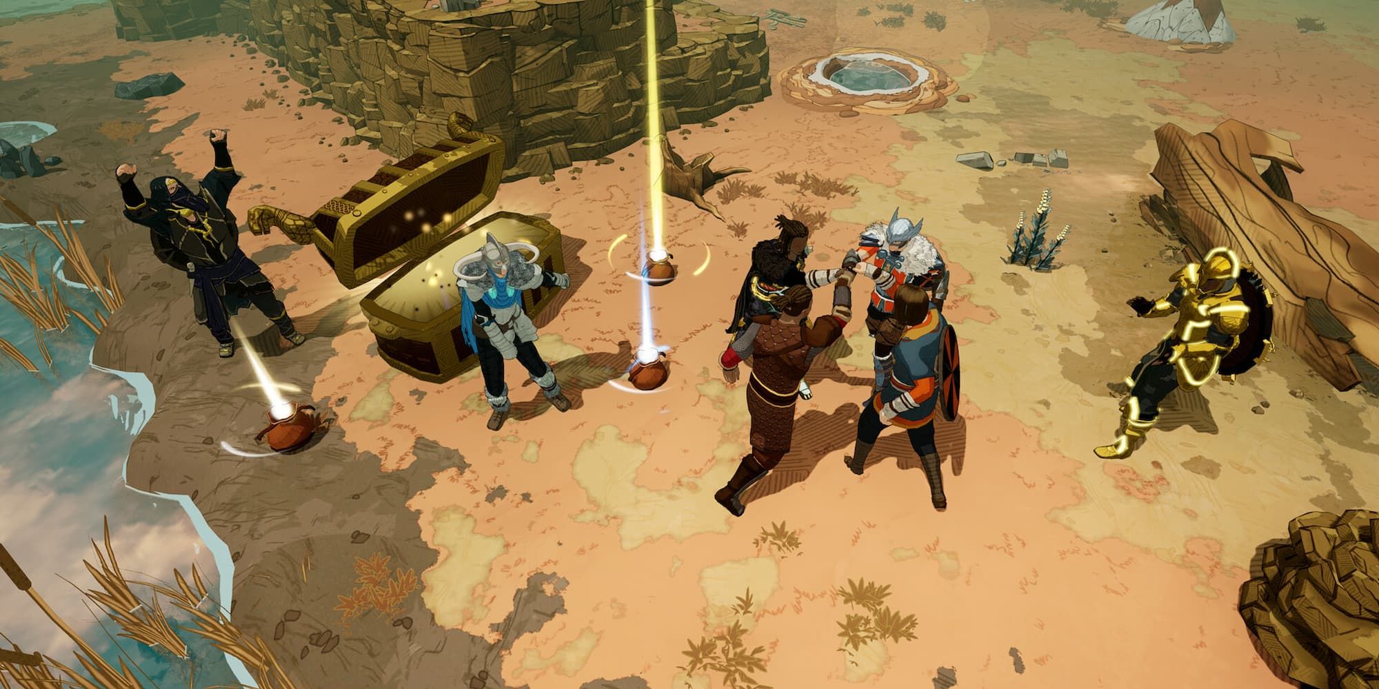 Warriors bump fists and celebrate near an open chest in Tribes of Midgard.