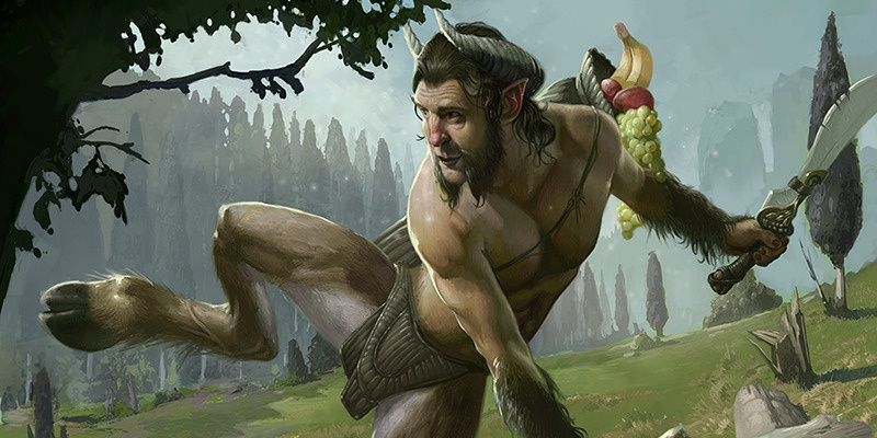 Satyr hopping over a log holding a blade