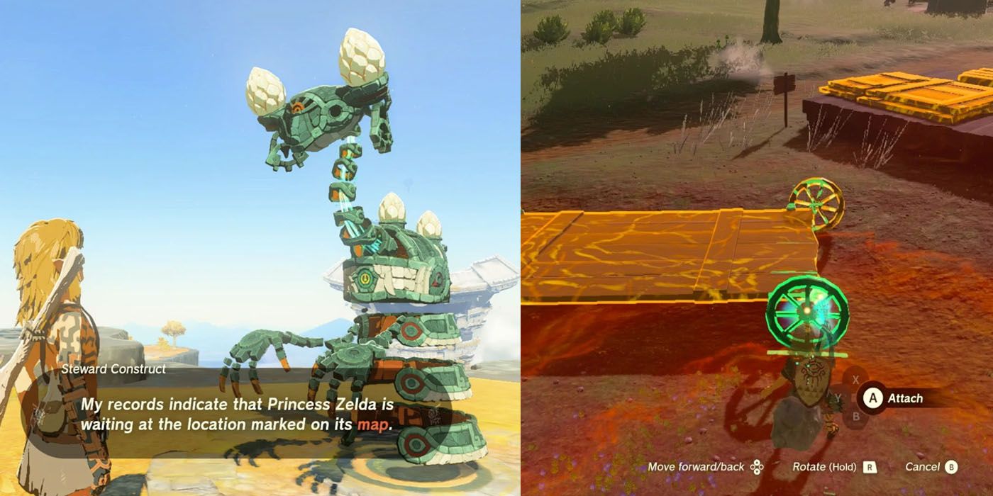 An image or a robotic NPC giving big hints to Link next to an image of Link building a very basic vehicle.