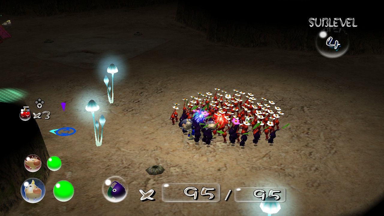 Olimar, Louie, and Pikmin exploring a dungeon in Pikmin 2.