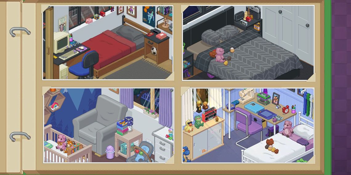 Collage of four rooms from the game Unpacking