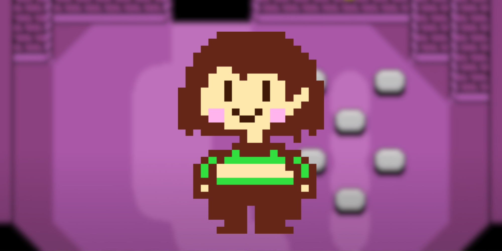 chara from undertale in front of blurred purple backdrop