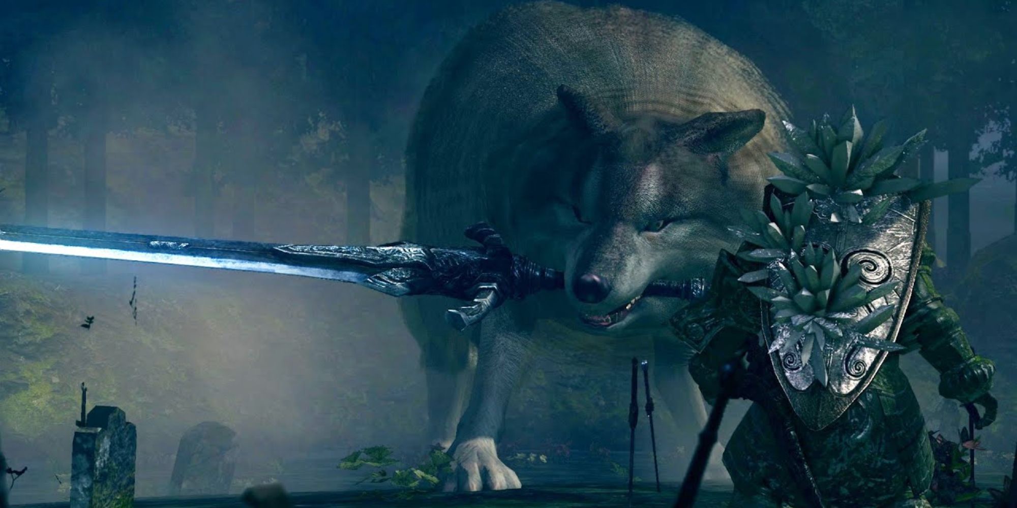 Dark Souls character facing off Great Grey Wolf Sif with a sword in their mouth