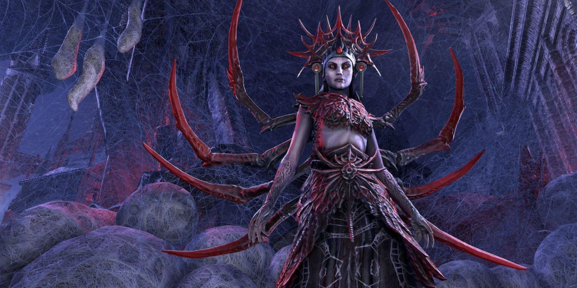 daedric prince from skyrim with spider-like arms in a webbed environment
